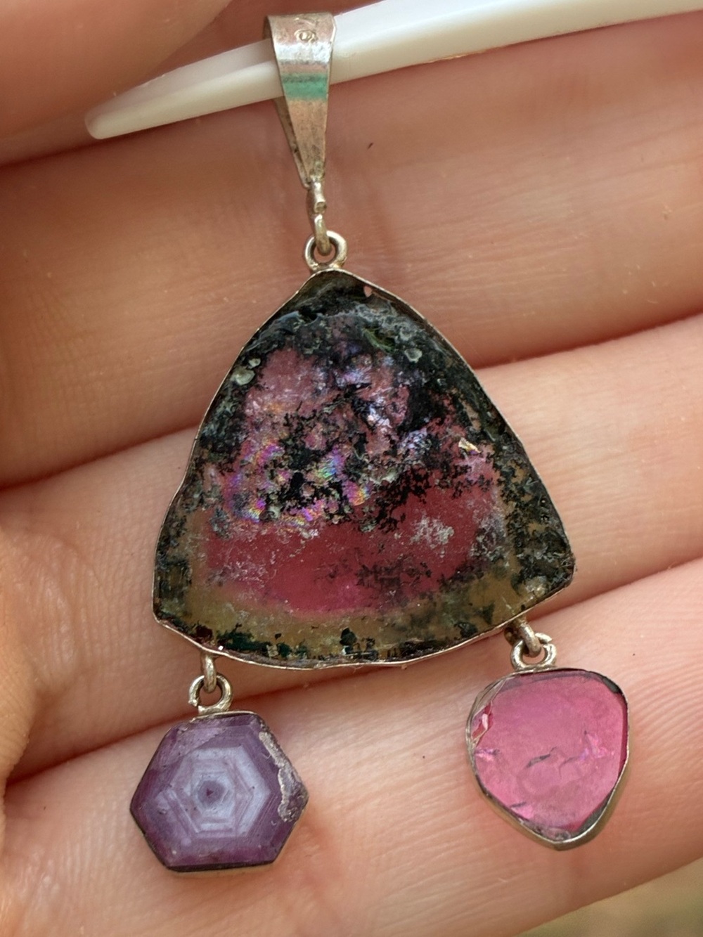 $1400 Rare diamond sparkly genuine tourmaline slice/ruby/tourmaline pendant